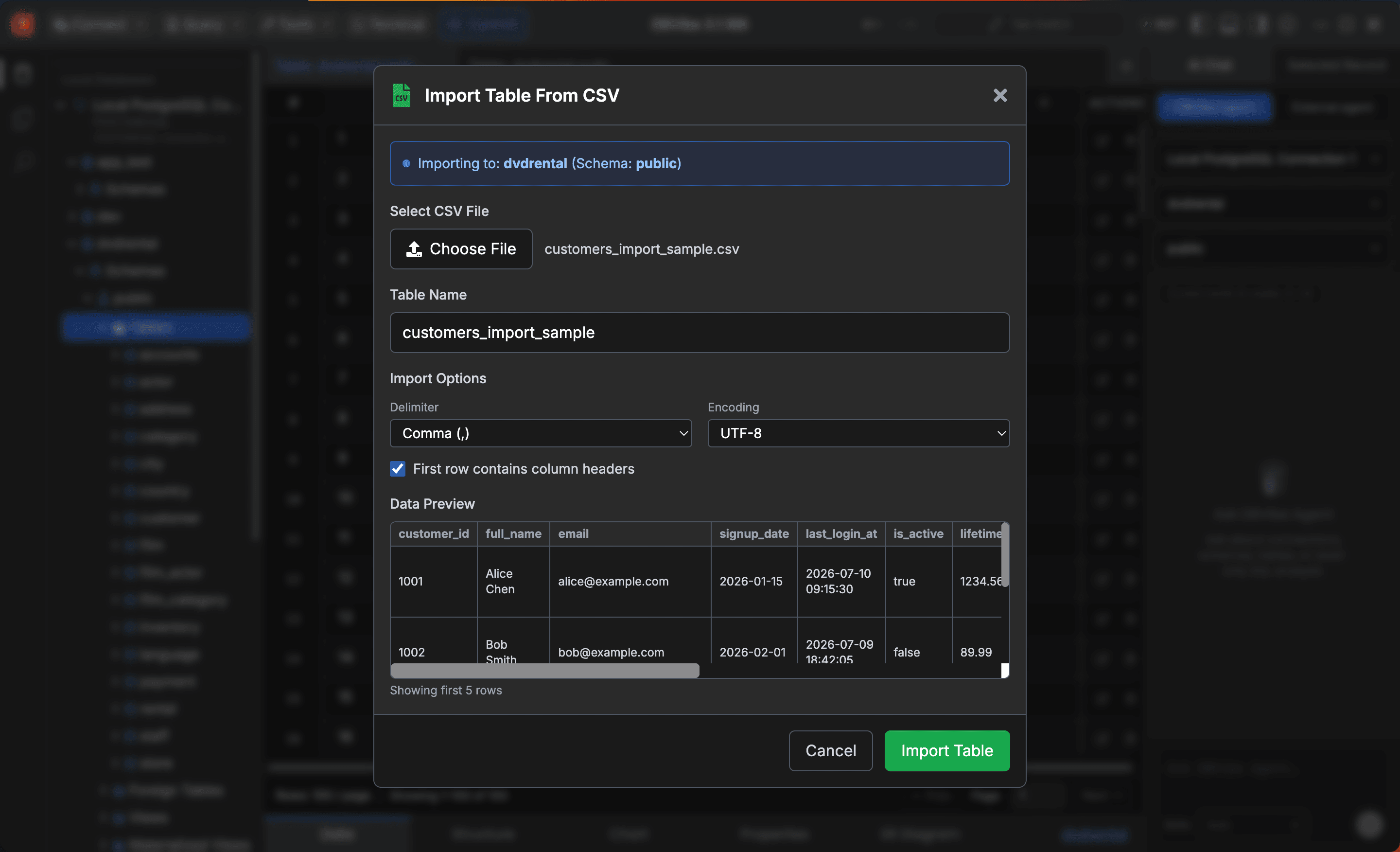 CSV import / export screenshot
